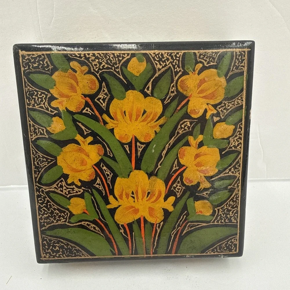 Hand Painted Paper Mache Box Floral Design Trinket Jewelry Keepsake Dar‎ & Sons